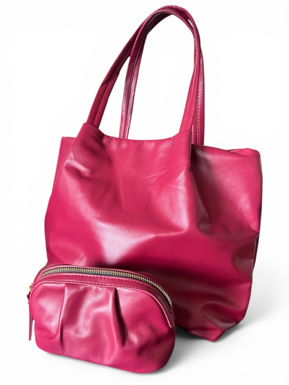 Neiman Marcus Hot Pink Slouchy Tote 💖 Faux Leather Shoulder Bag w/ Pouch Y2K